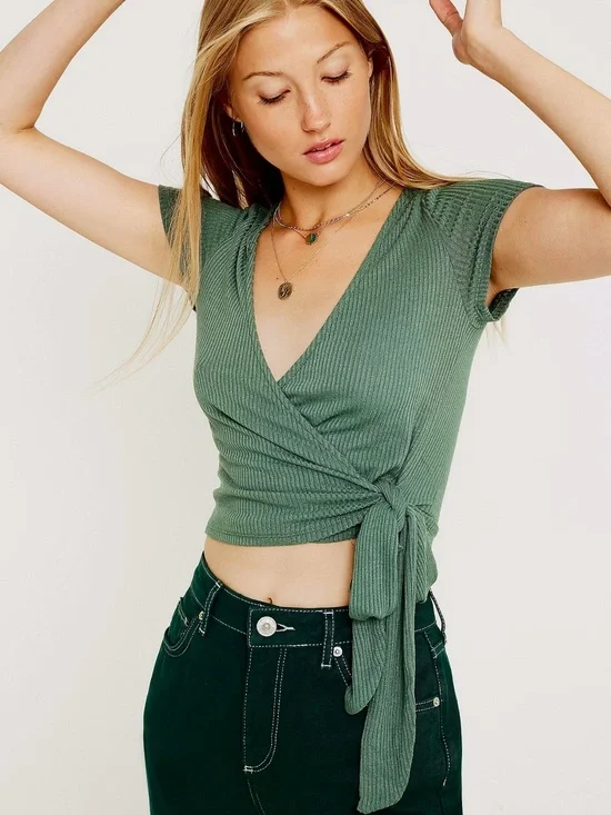 Project Social T x Urban Outfitters Ribbed Wrap Tie Crop Top Teal Green Small - Picture 8 of 9